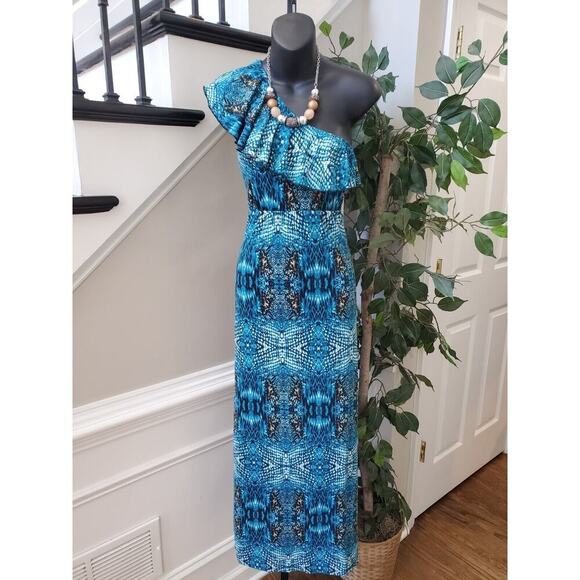 Mix & Co. Women's Blue Polyester One Shoulder Off Sleeveless Long Maxi Dress L - Picture 1 of 12